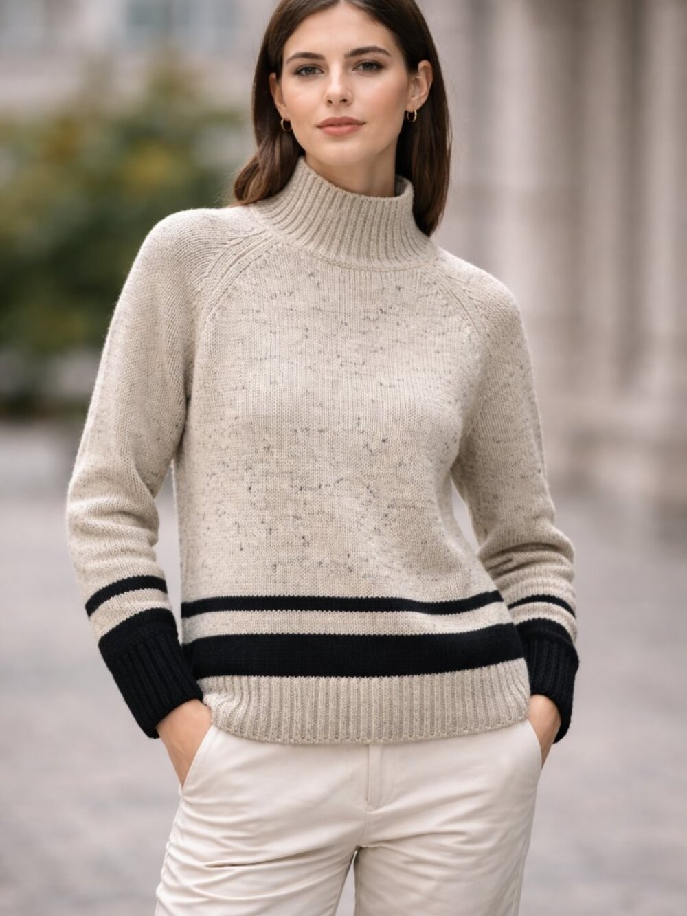 Theory 100% Wool Sweater Women L Mock Neck Beige Black Stripe Knit Minimalist
